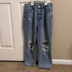 SHEIN Blue Distressed Straight Leg Jeans